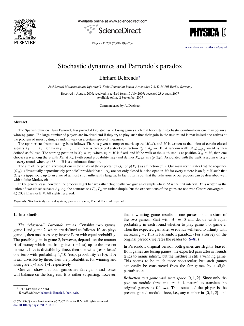 Stochastic dynamics and Parrondo’s paradox