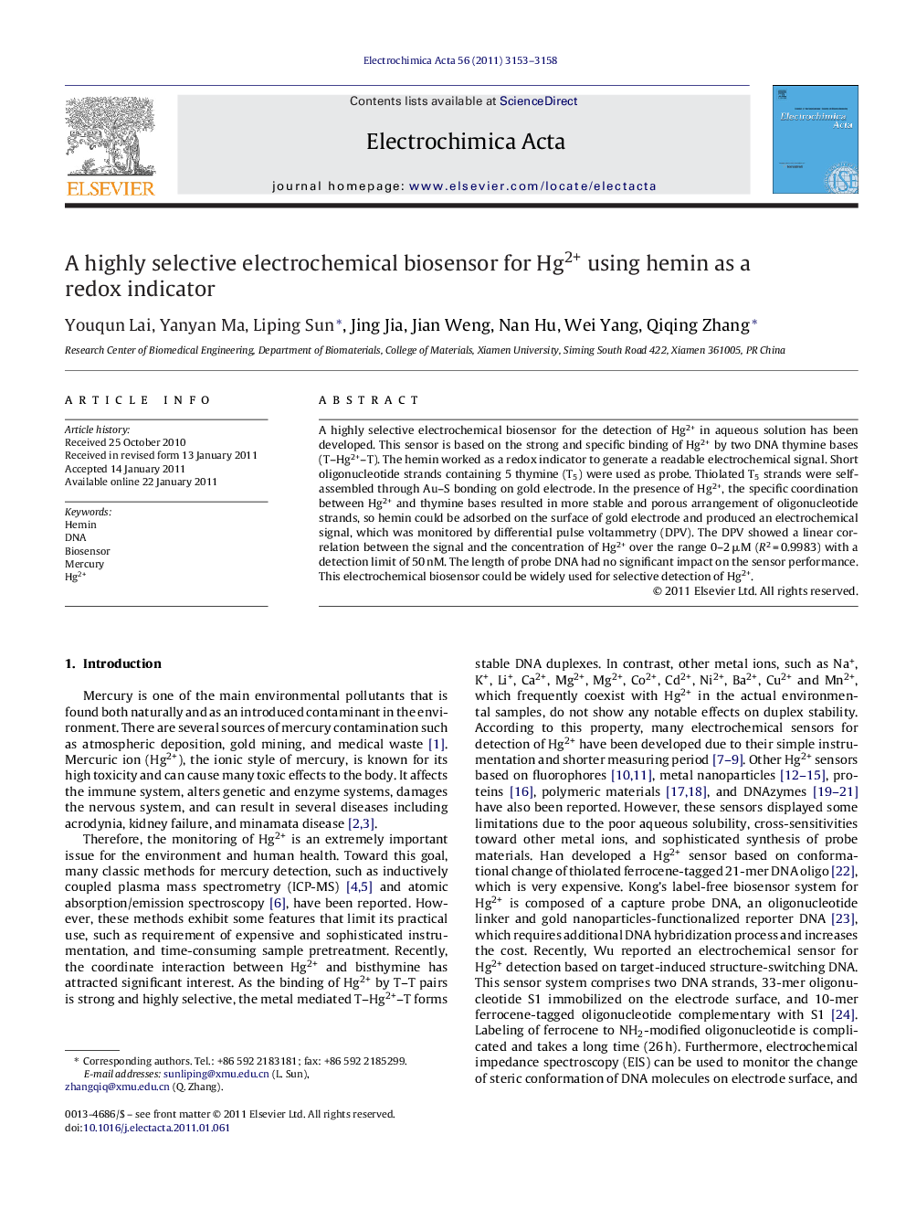 A highly selective electrochemical biosensor for Hg2+ using hemin as a redox indicator