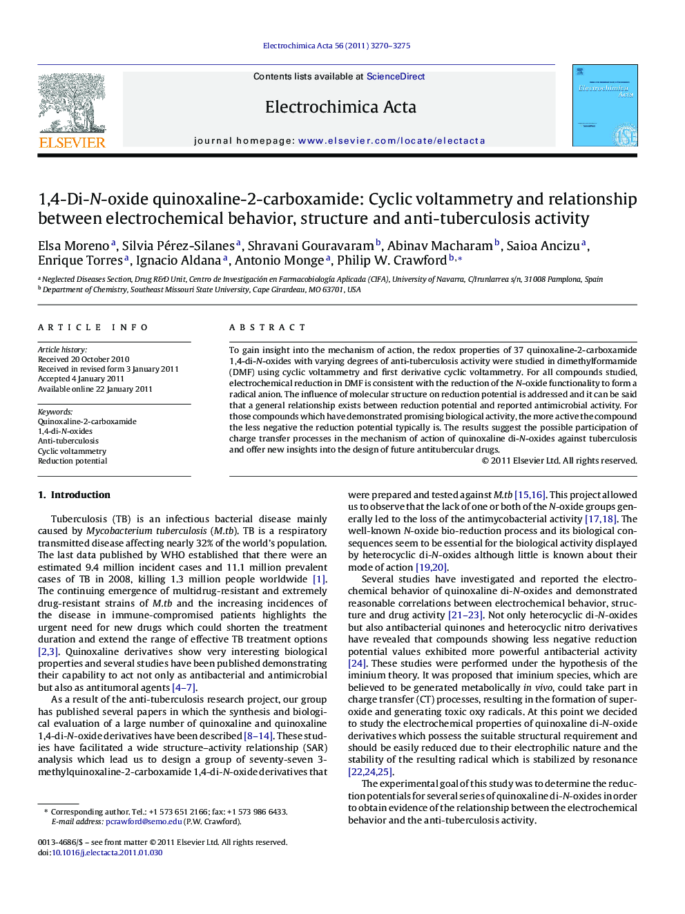 1,4-Di-N-oxide quinoxaline-2-carboxamide: Cyclic voltammetry and relationship between electrochemical behavior, structure and anti-tuberculosis activity