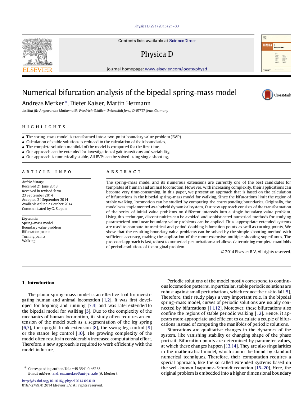 Numerical bifurcation analysis of the bipedal spring-mass model