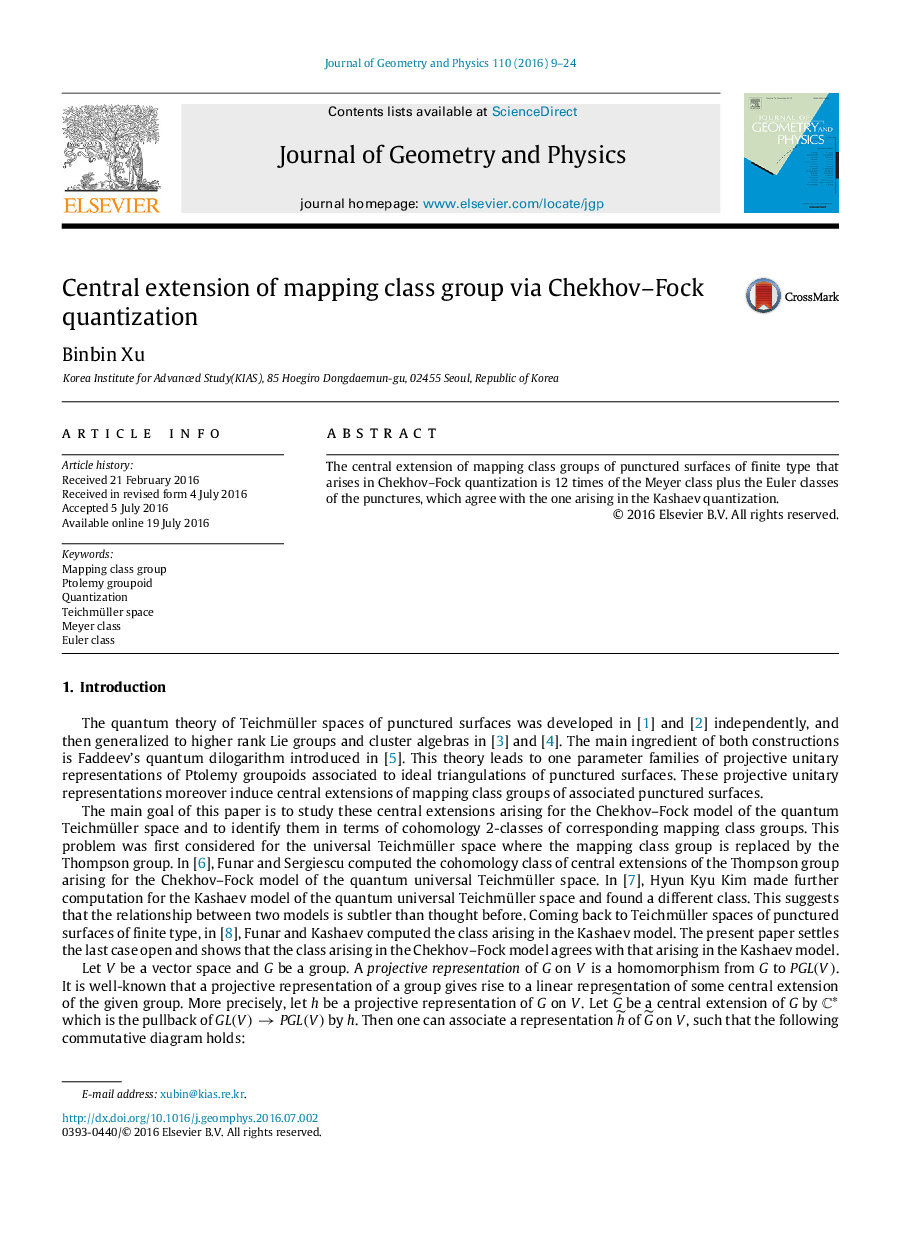 Central extension of mapping class group via Chekhov-Fock quantization