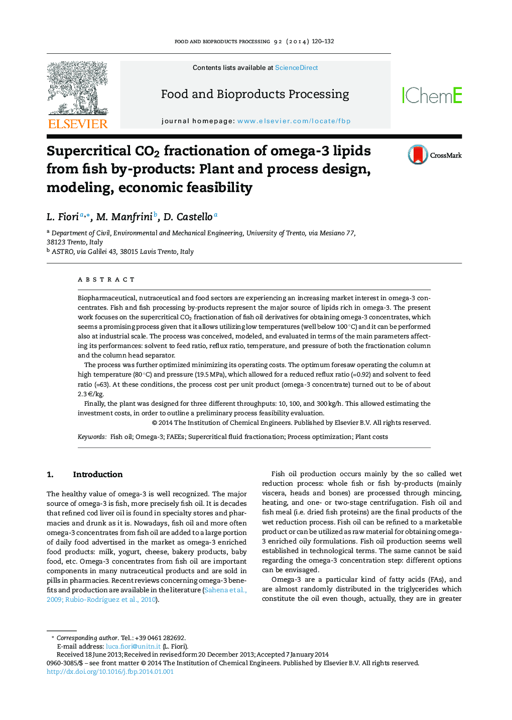 Supercritical CO2 fractionation of omega-3 lipids from fish by-products: Plant and process design, modeling, economic feasibility