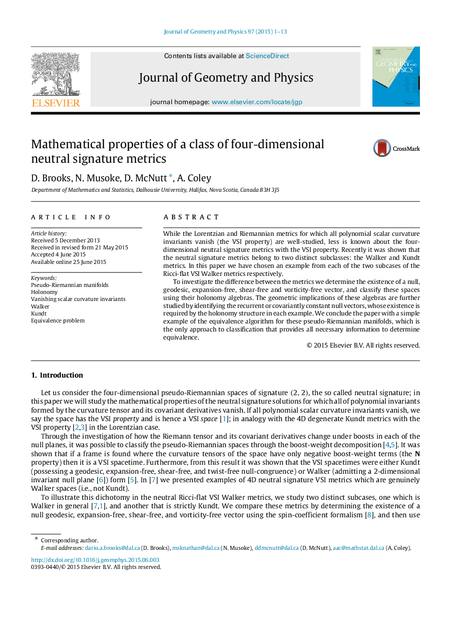 Mathematical properties of a class of four-dimensional neutral signature metrics