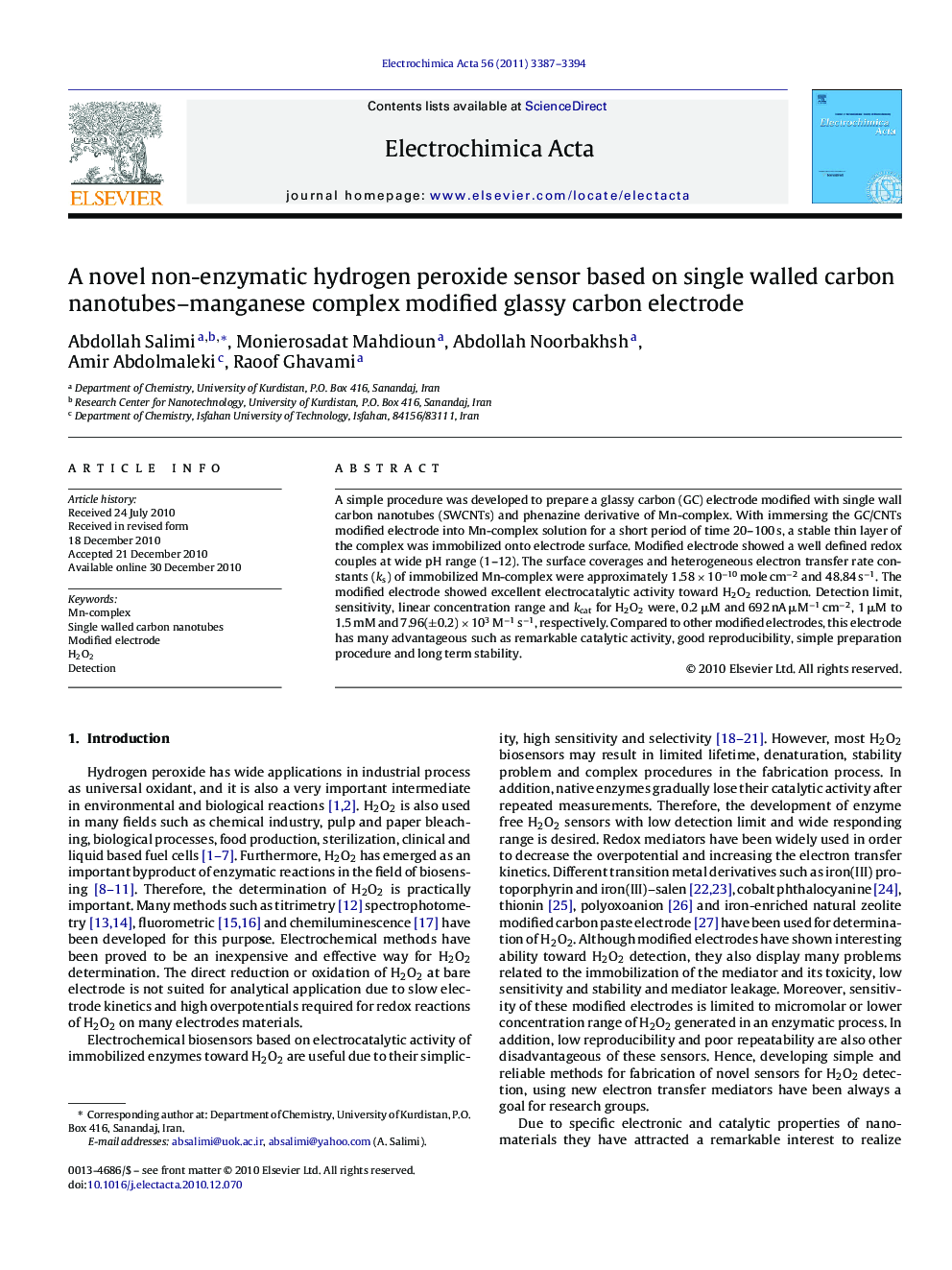 A novel non-enzymatic hydrogen peroxide sensor based on single walled carbon nanotubes–manganese complex modified glassy carbon electrode