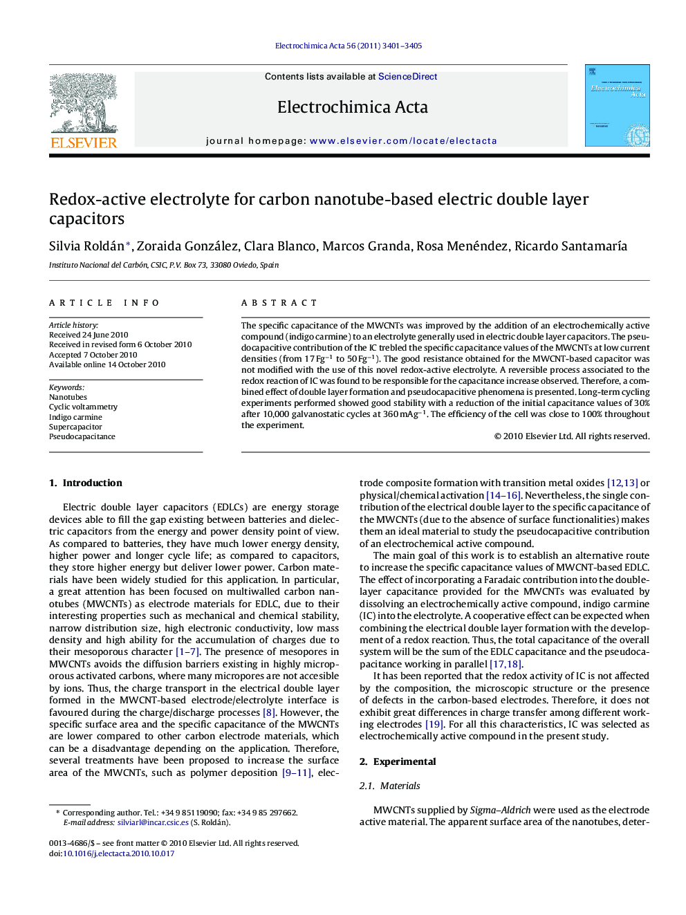 Redox-active electrolyte for carbon nanotube-based electric double layer capacitors