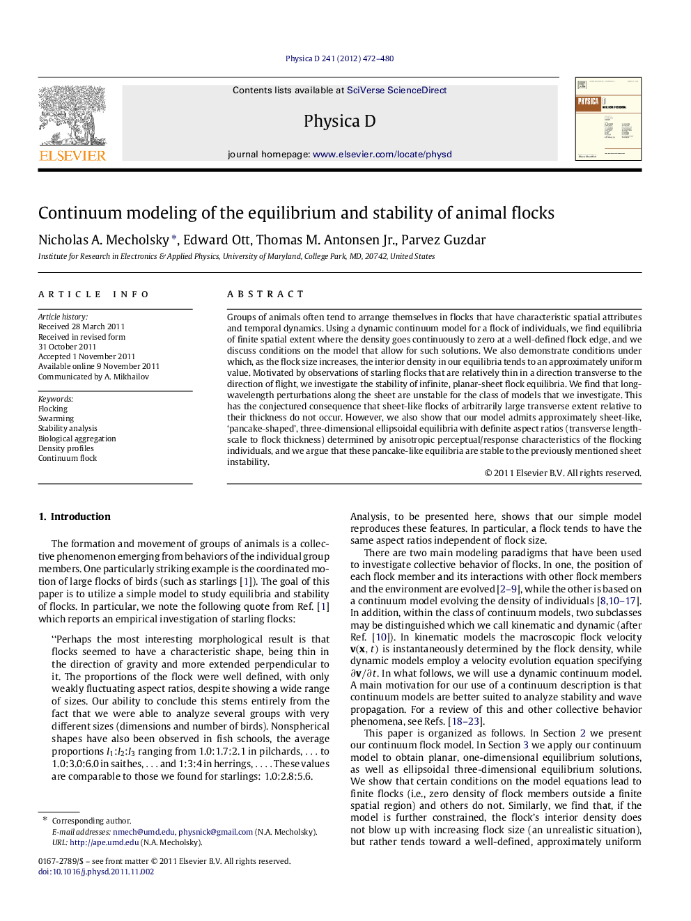 Continuum modeling of the equilibrium and stability of animal flocks