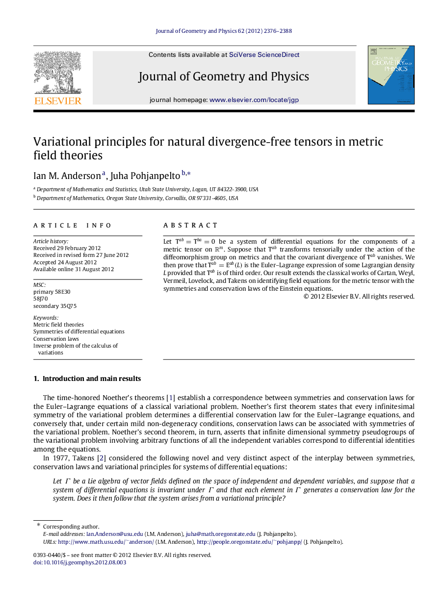 Variational principles for natural divergence-free tensors in metric field theories