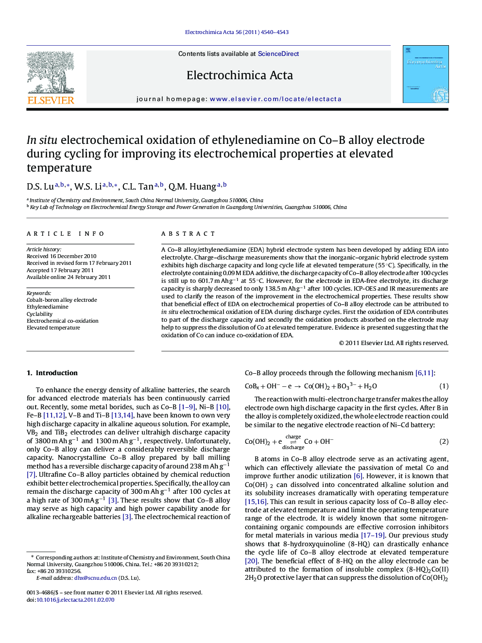 In situ electrochemical oxidation of ethylenediamine on Co–B alloy electrode during cycling for improving its electrochemical properties at elevated temperature