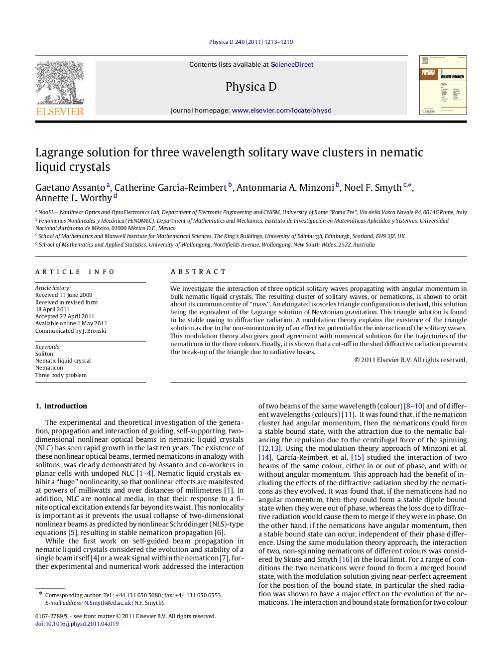 Lagrange solution for three wavelength solitary wave clusters in nematic liquid crystals