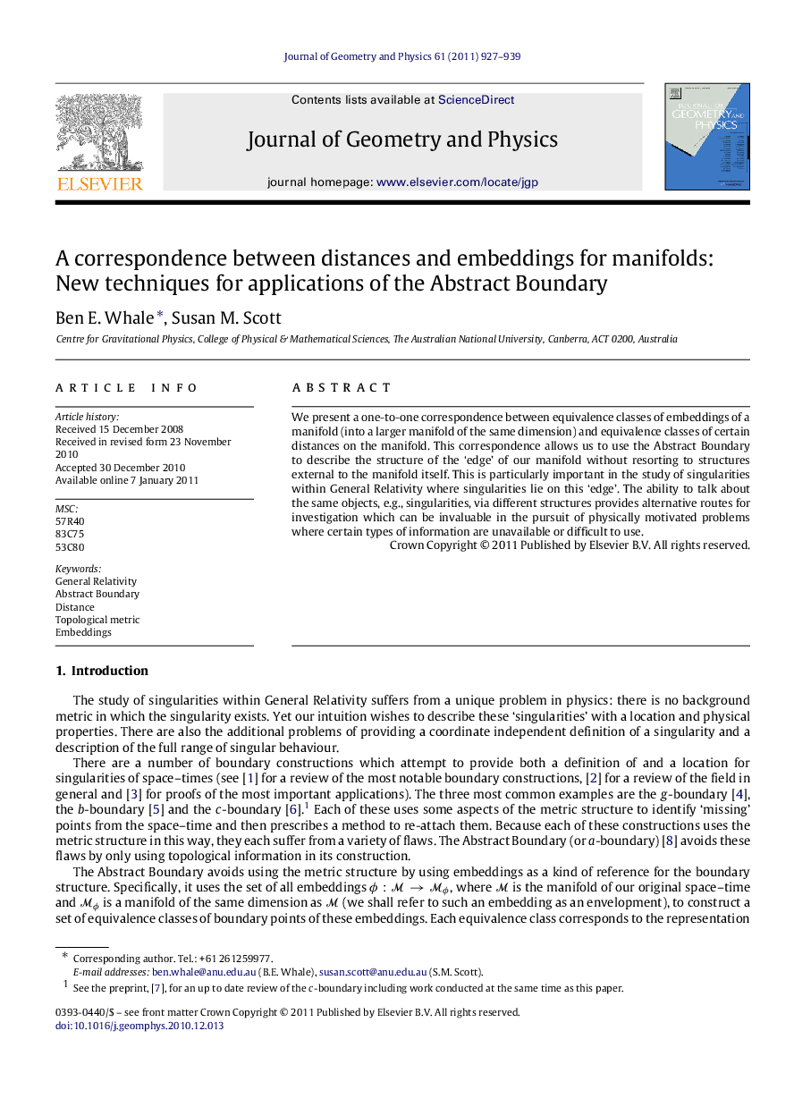 A correspondence between distances and embeddings for manifolds: New techniques for applications of the Abstract Boundary