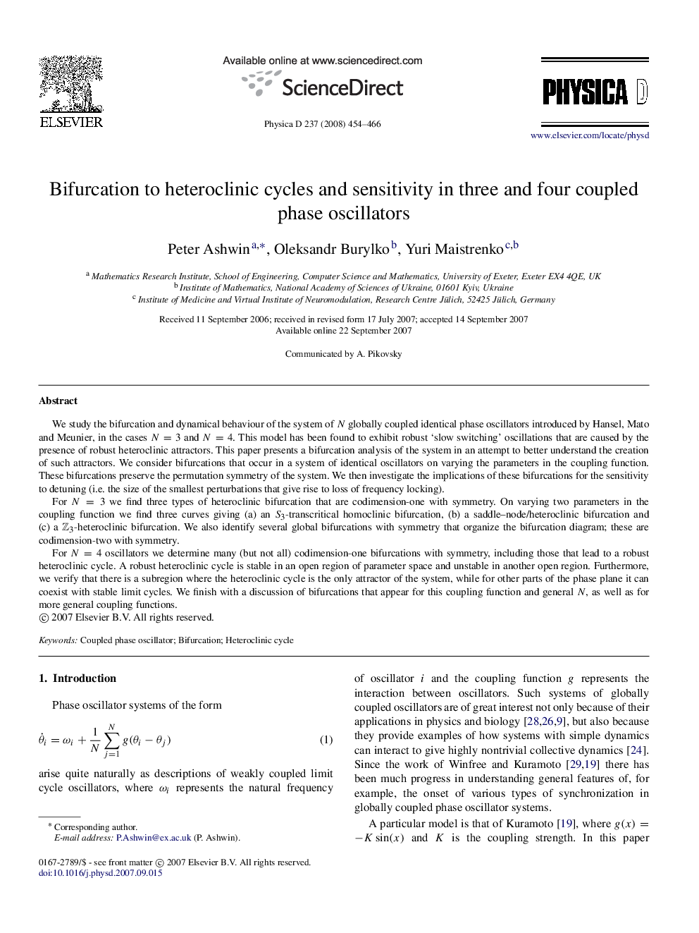 Bifurcation to heteroclinic cycles and sensitivity in three and four coupled phase oscillators