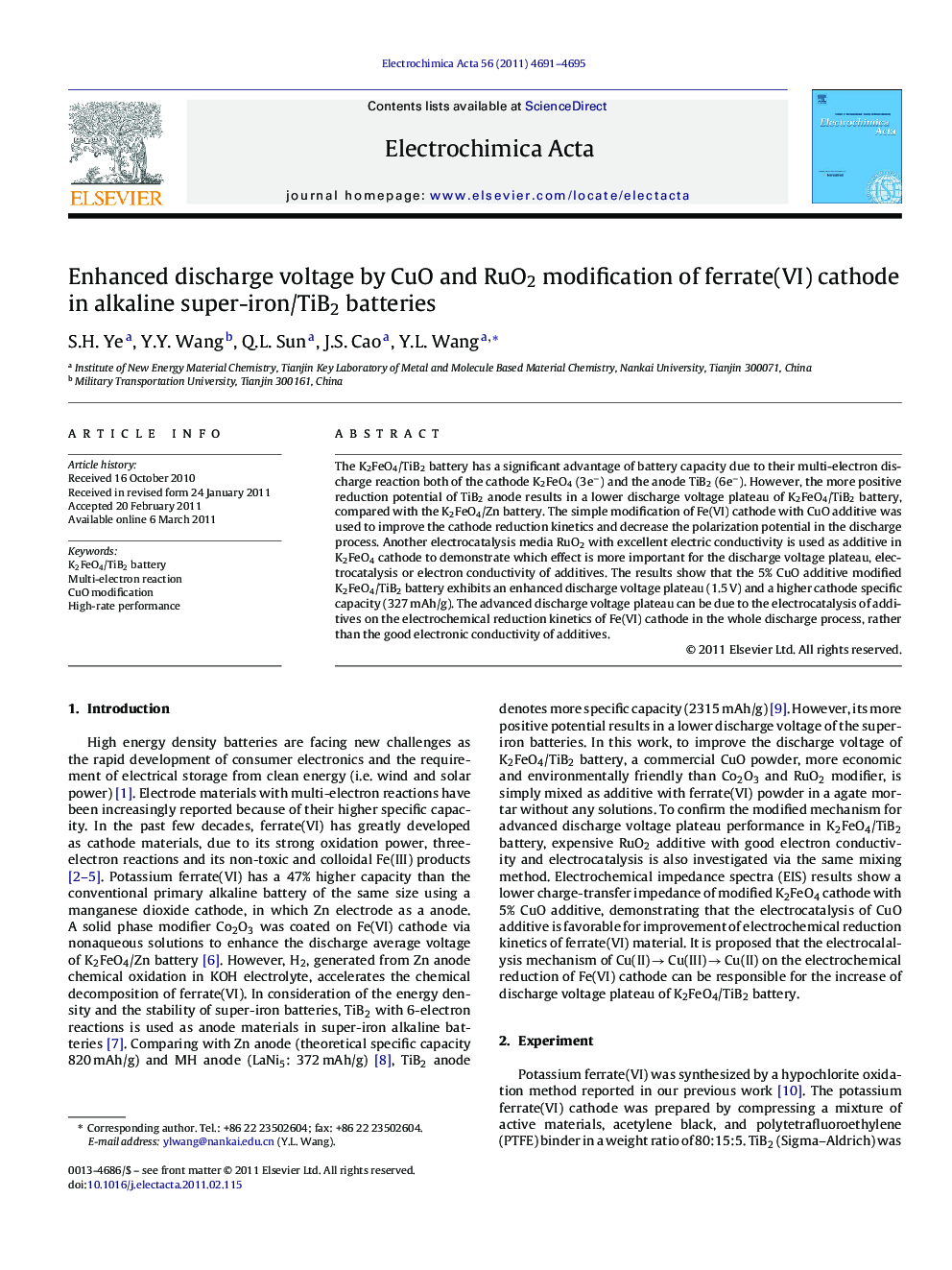 Enhanced discharge voltage by CuO and RuO2 modification of ferrate(VI) cathode in alkaline super-iron/TiB2 batteries