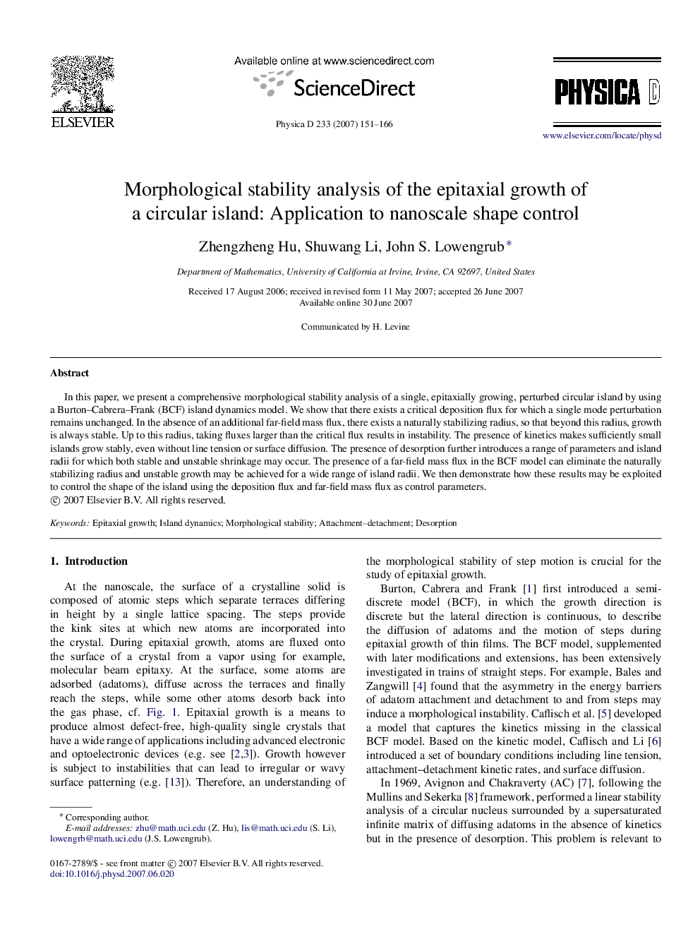 Morphological stability analysis of the epitaxial growth of a circular island: Application to nanoscale shape control