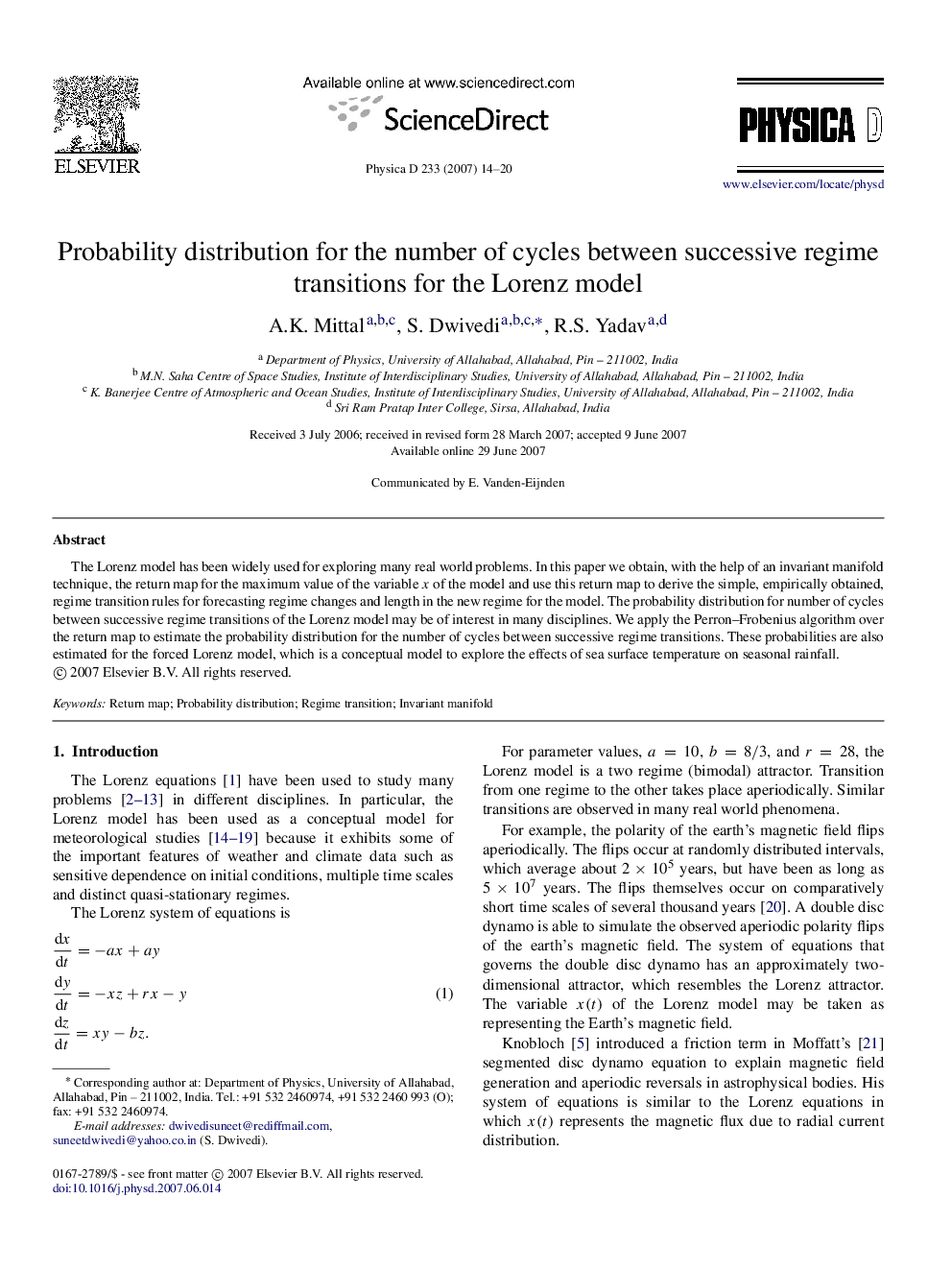 Probability distribution for the number of cycles between successive regime transitions for the Lorenz model