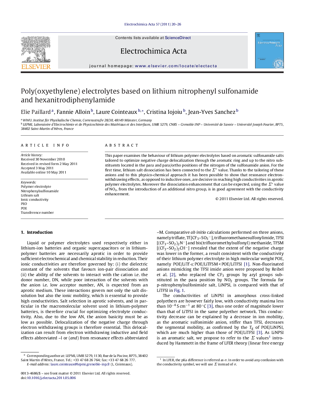 Poly(oxyethylene) electrolytes based on lithium nitrophenyl sulfonamide and hexanitrodiphenylamide