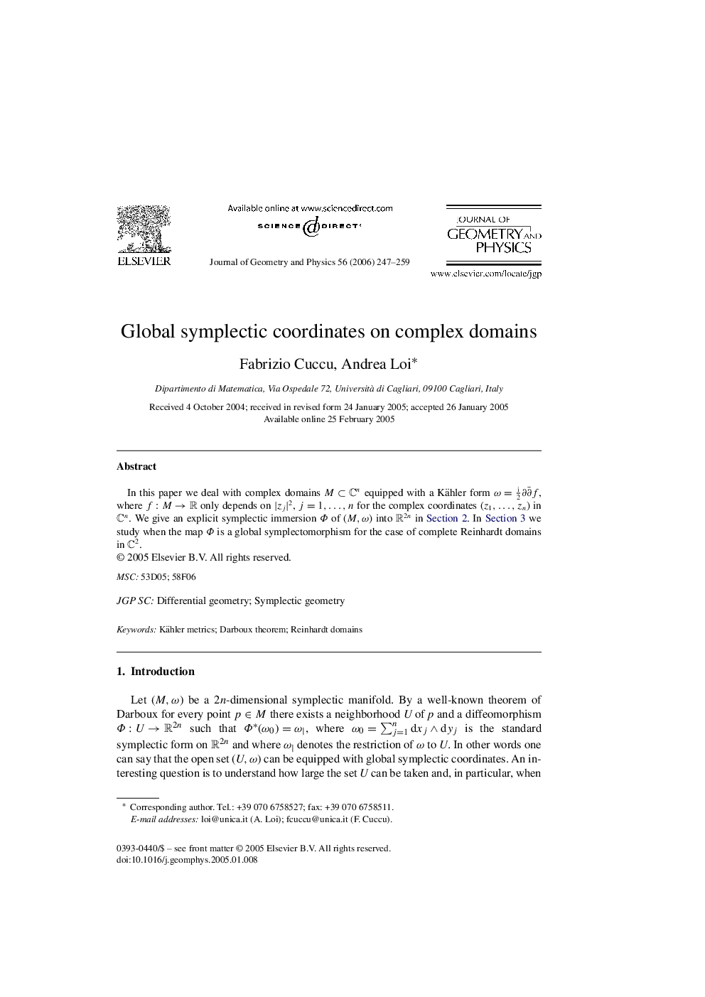 Global symplectic coordinates on complex domains