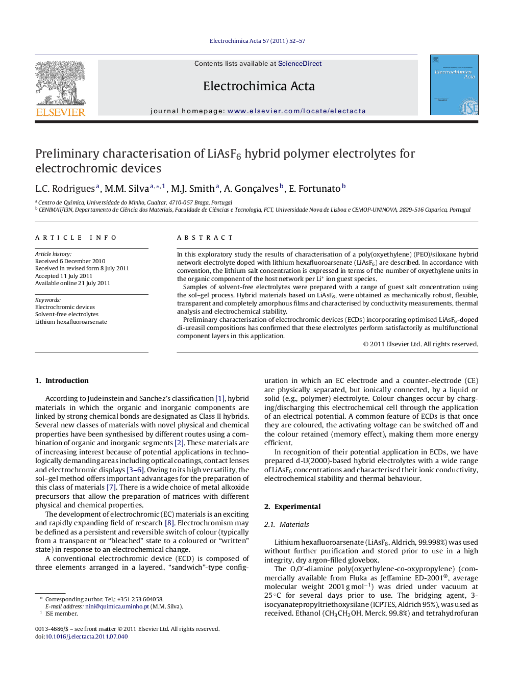 Preliminary characterisation of LiAsF6 hybrid polymer electrolytes for electrochromic devices