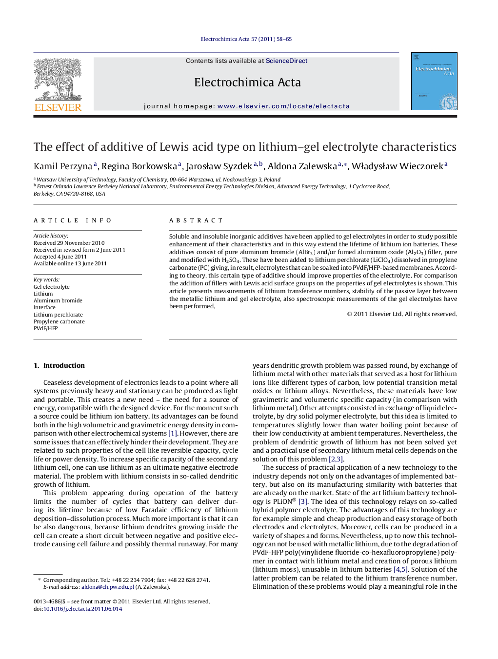 The effect of additive of Lewis acid type on lithium–gel electrolyte characteristics