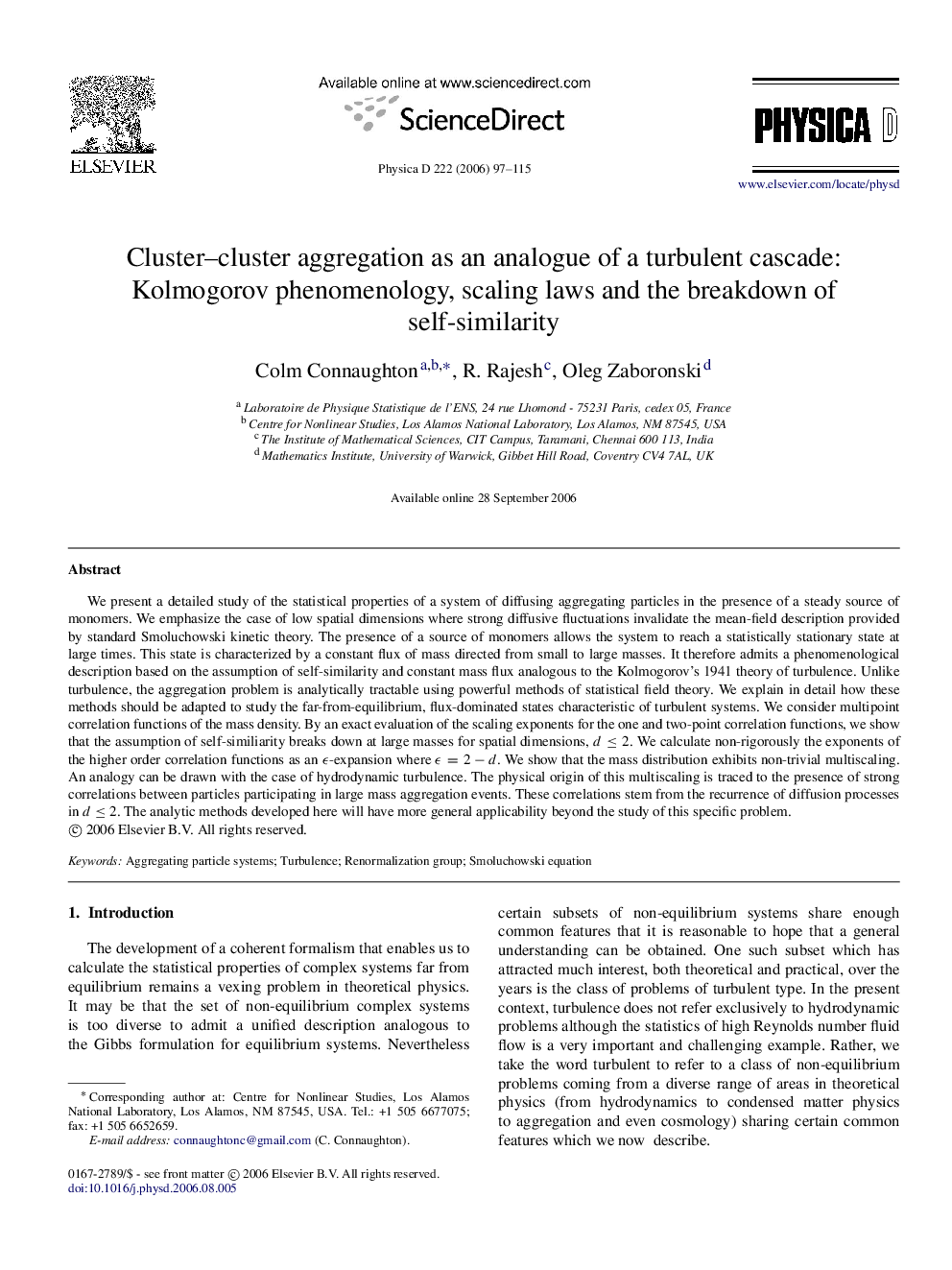 Cluster–cluster aggregation as an analogue of a turbulent cascade: Kolmogorov phenomenology, scaling laws and the breakdown of self-similarity