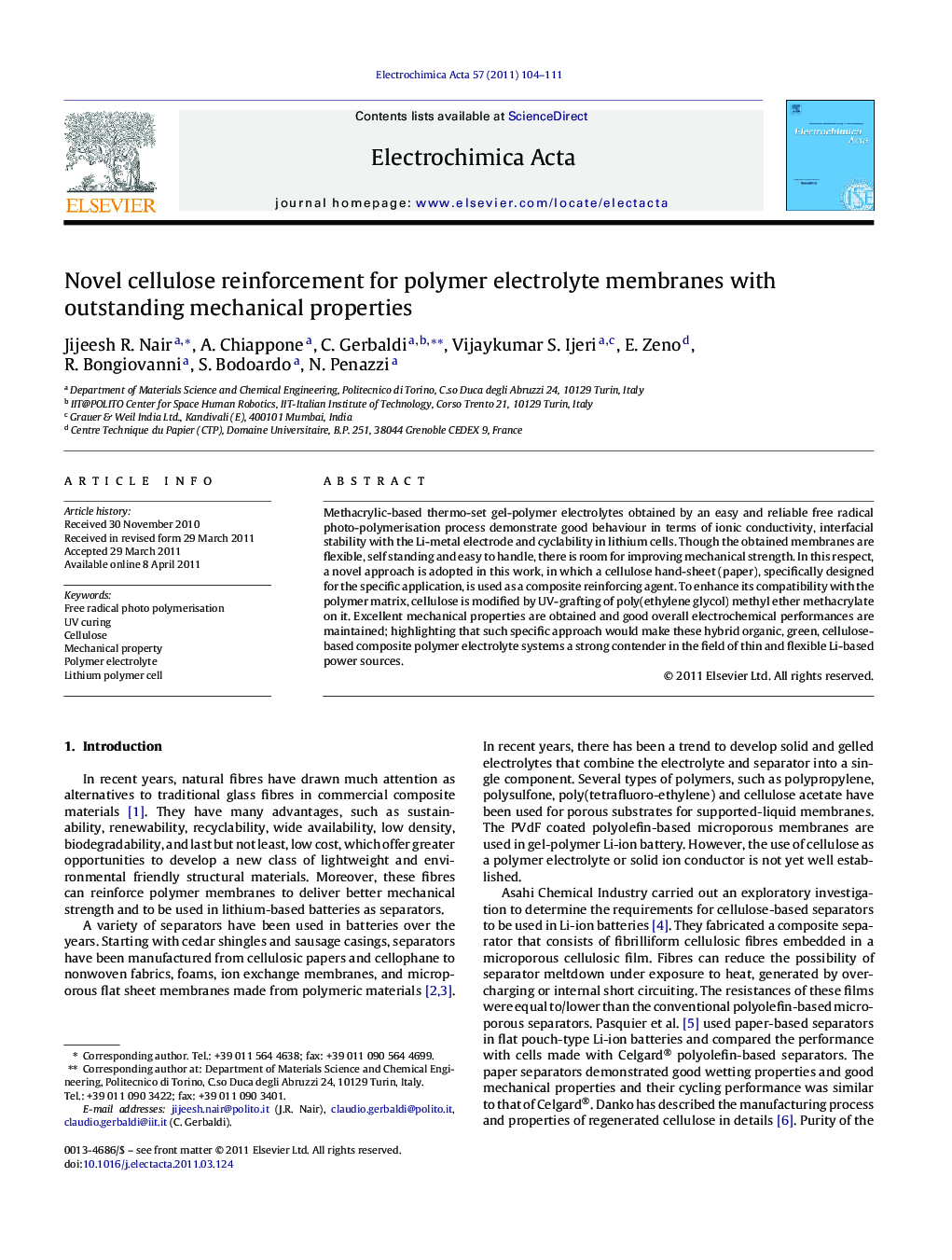 Novel cellulose reinforcement for polymer electrolyte membranes with outstanding mechanical properties