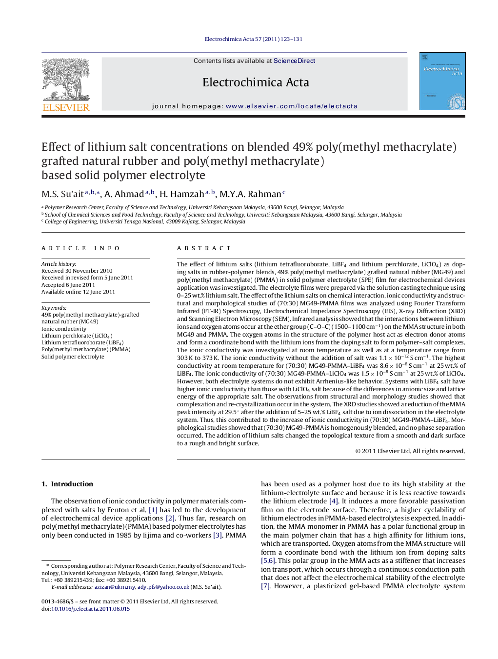 Effect of lithium salt concentrations on blended 49% poly(methyl methacrylate) grafted natural rubber and poly(methyl methacrylate) based solid polymer electrolyte