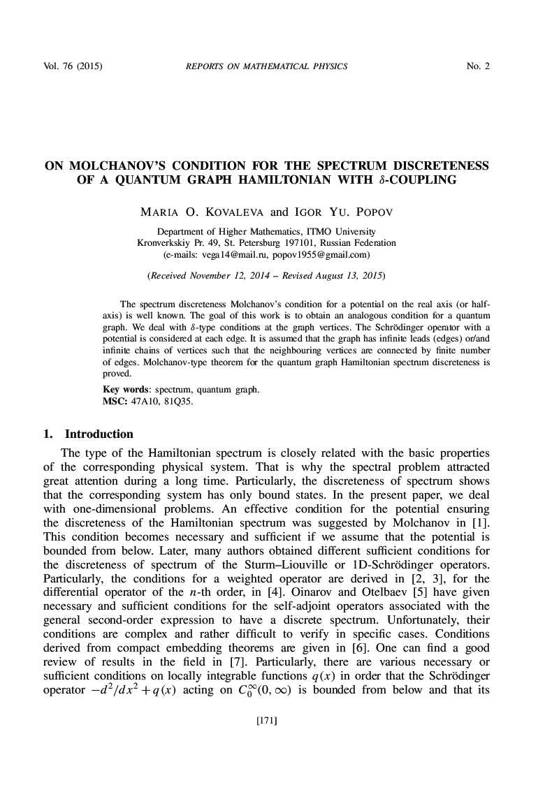 On Molchanov's Condition for the Spectrum Discreteness of a Quantum Graph Hamiltonian with Î´-Coupling