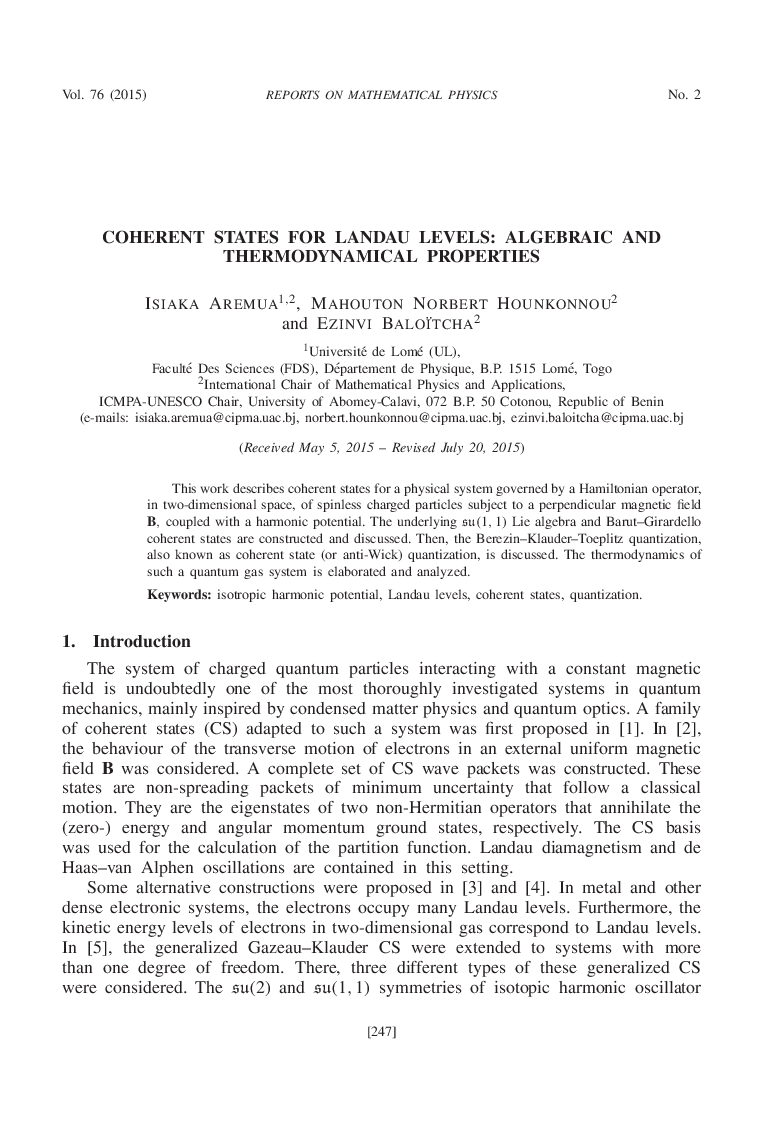 Coherent States for Landau Levels: Algebraic and Thermodynamical Properties