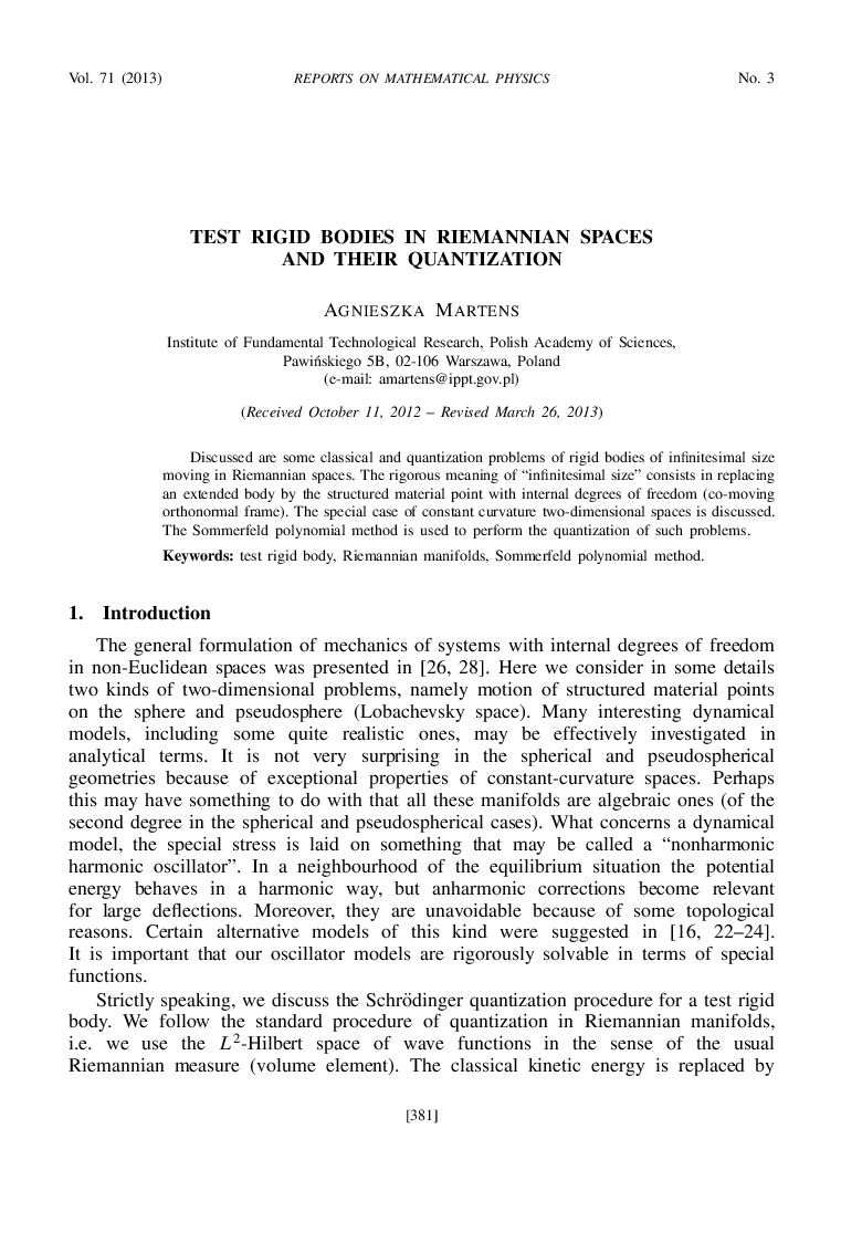 Test Rigid Bodies in Riemannian Spaces and Their Quantization