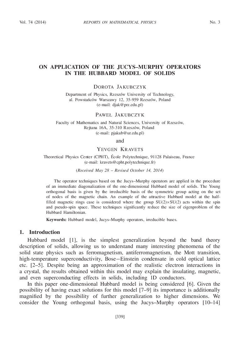 On Application of the Jucys–Murphy Operators in the Hubbard Model of Solids