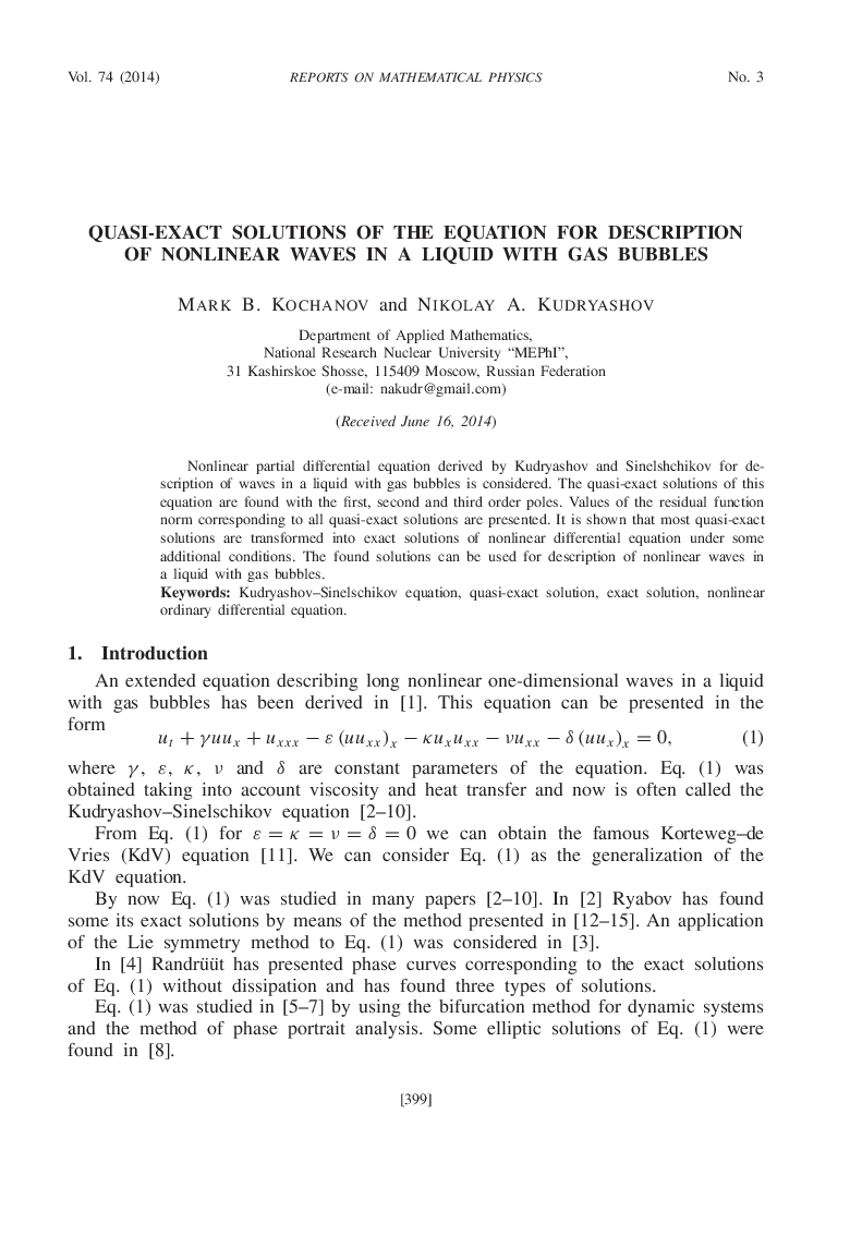 Quasi-Exact Solutions of the Equation for Description of Nonlinear Waves in a Liquid with Gas Bubbles