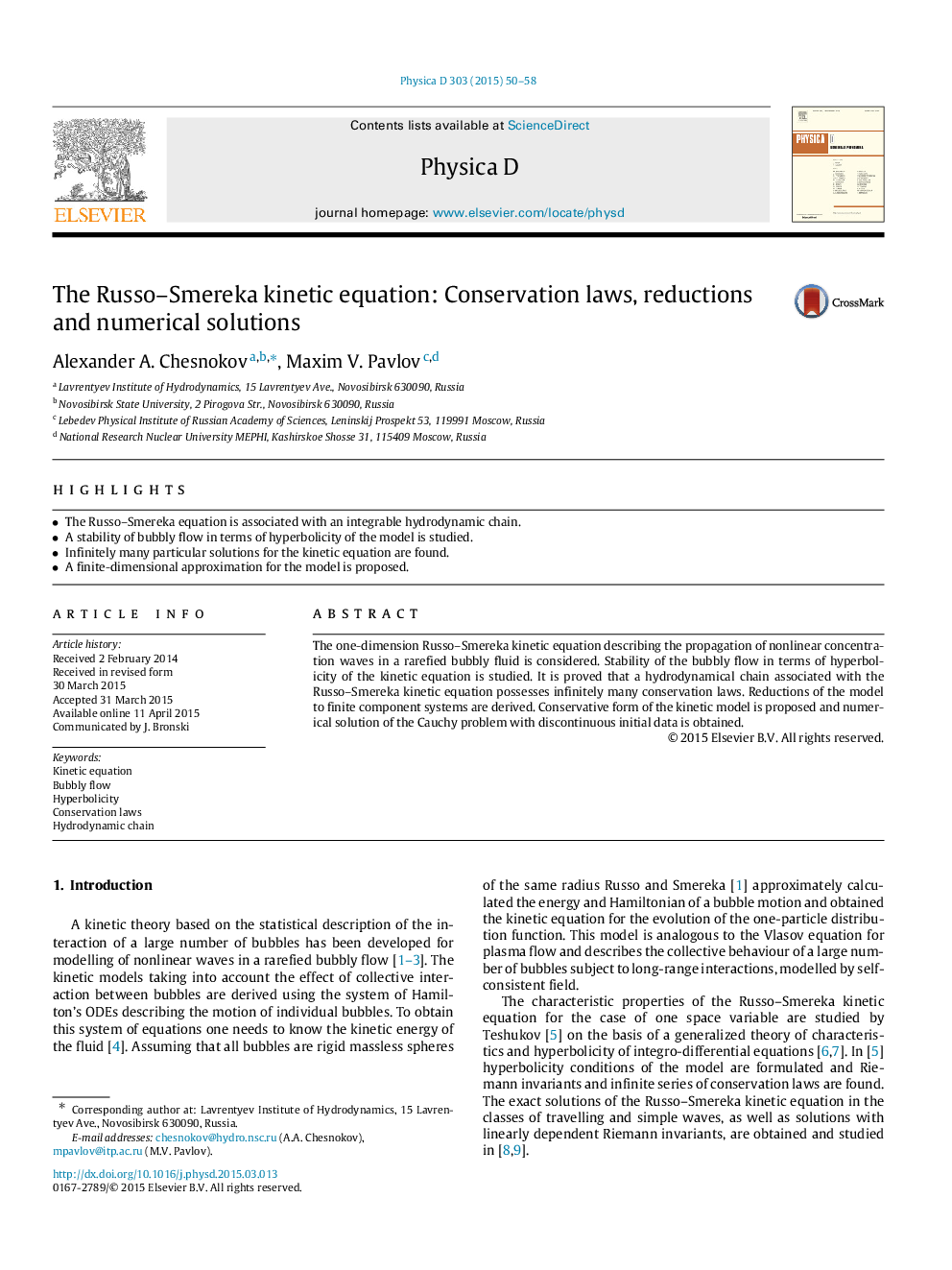 The Russo–Smereka kinetic equation: Conservation laws, reductions and numerical solutions