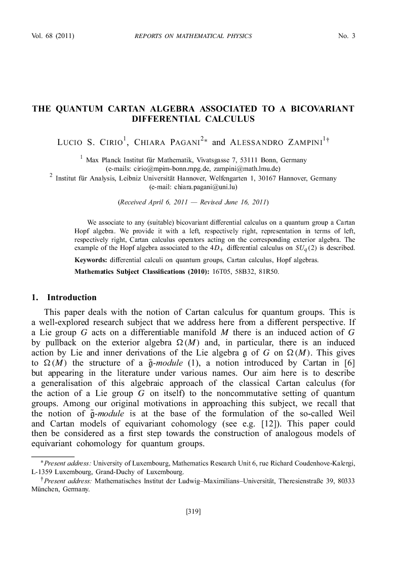 The Quantum Cartan Algebra Associated to a Bicovariant Differential Calculus