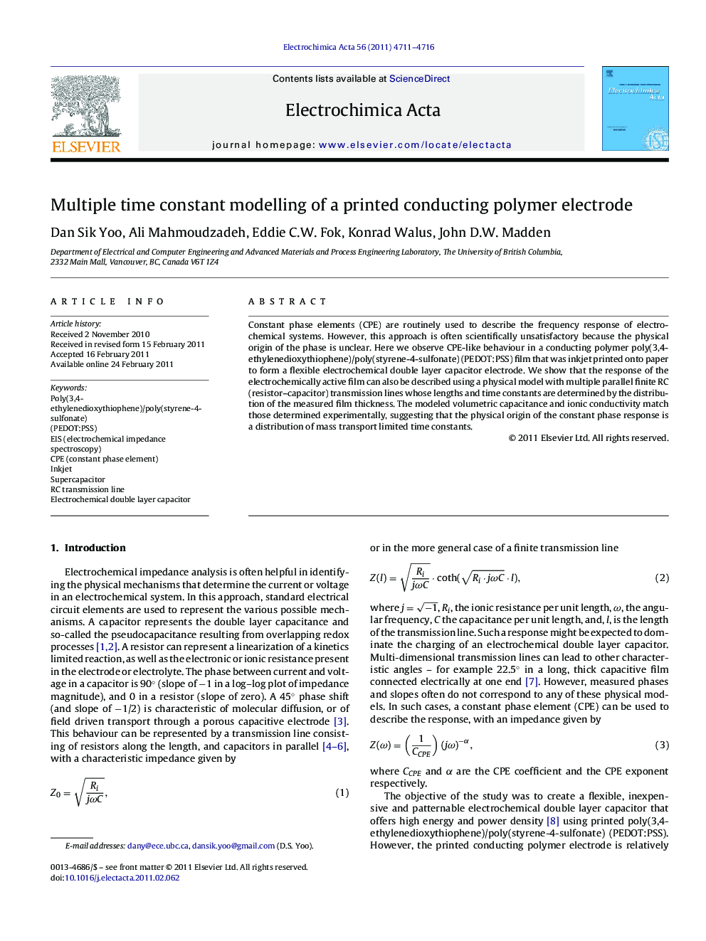 Multiple time constant modelling of a printed conducting polymer electrode