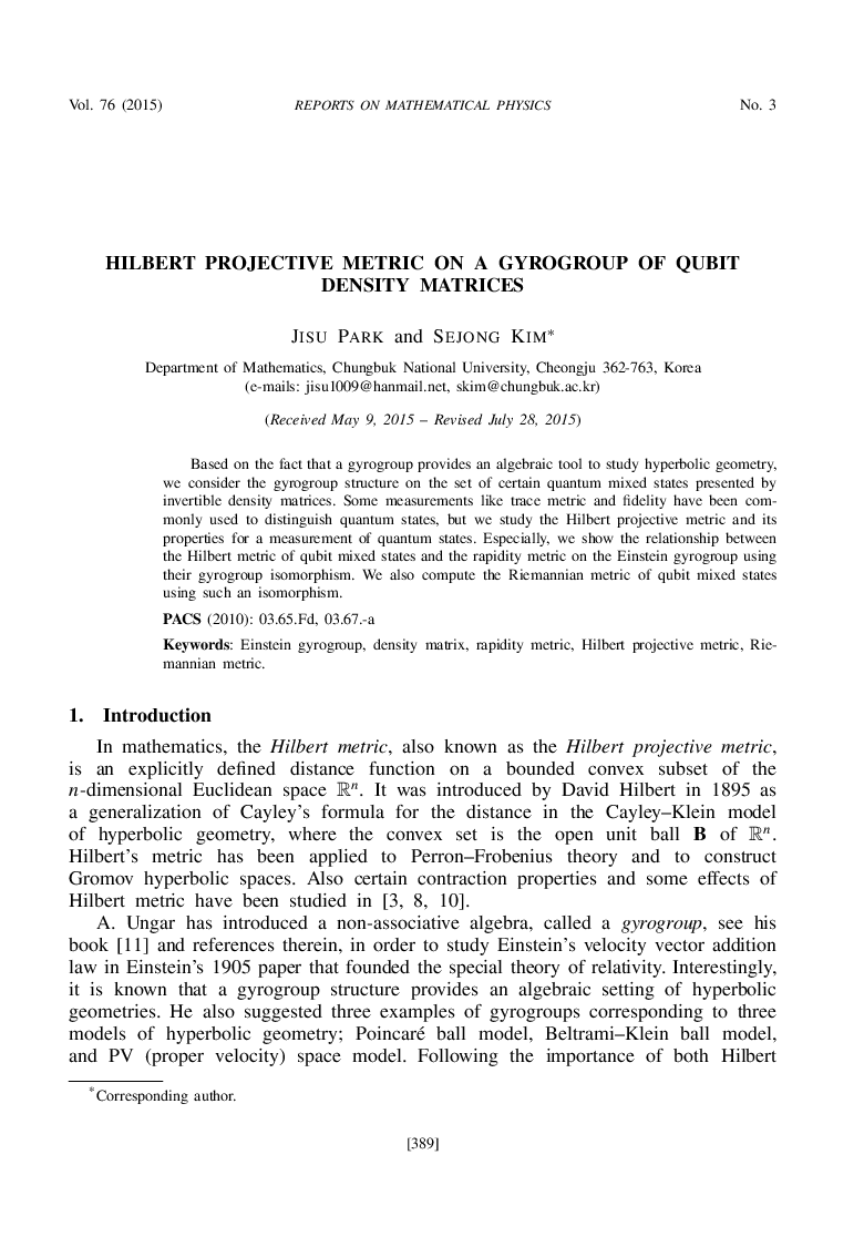 Hilbert Projective Metric on a Gyrogroup of Qubit Density Matrices