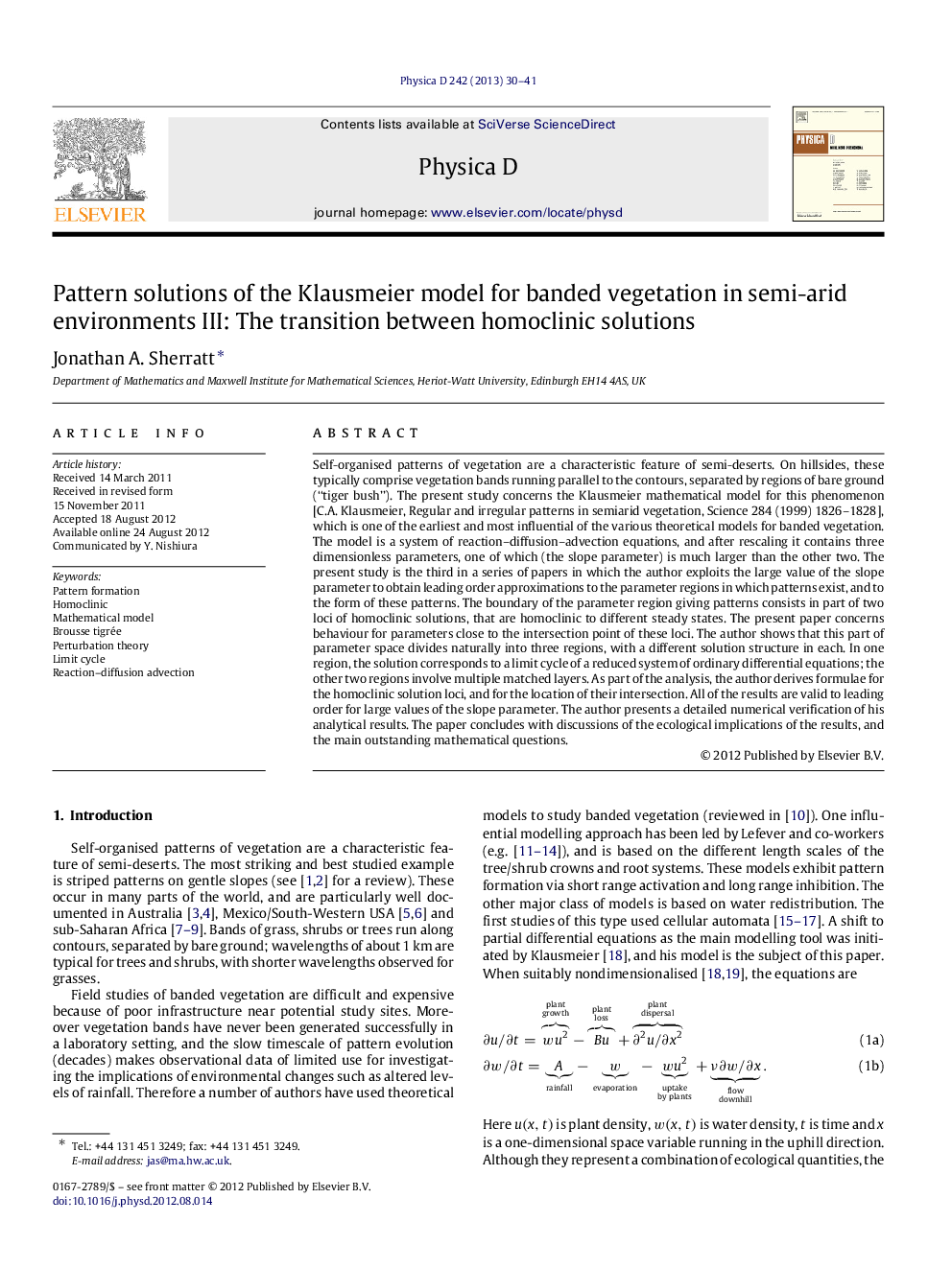 Pattern solutions of the Klausmeier model for banded vegetation in semi-arid environments III: The transition between homoclinic solutions