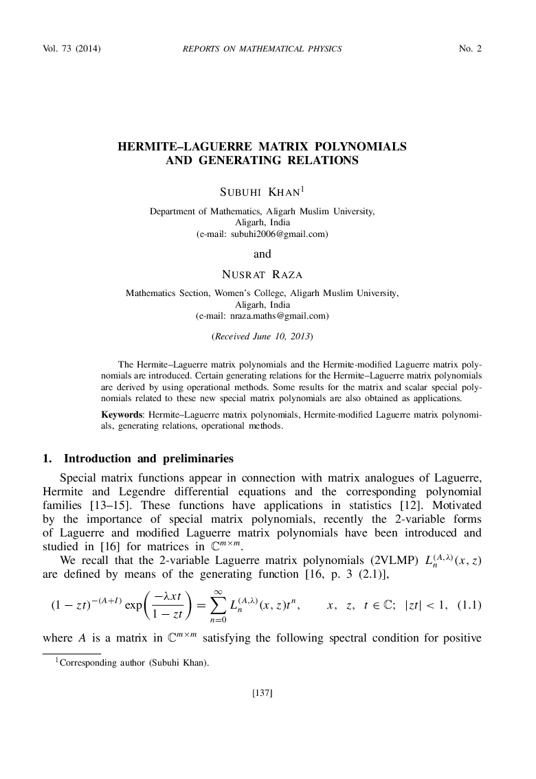 Hermite–Laguerre Matrix Polynomials and Generating Relations