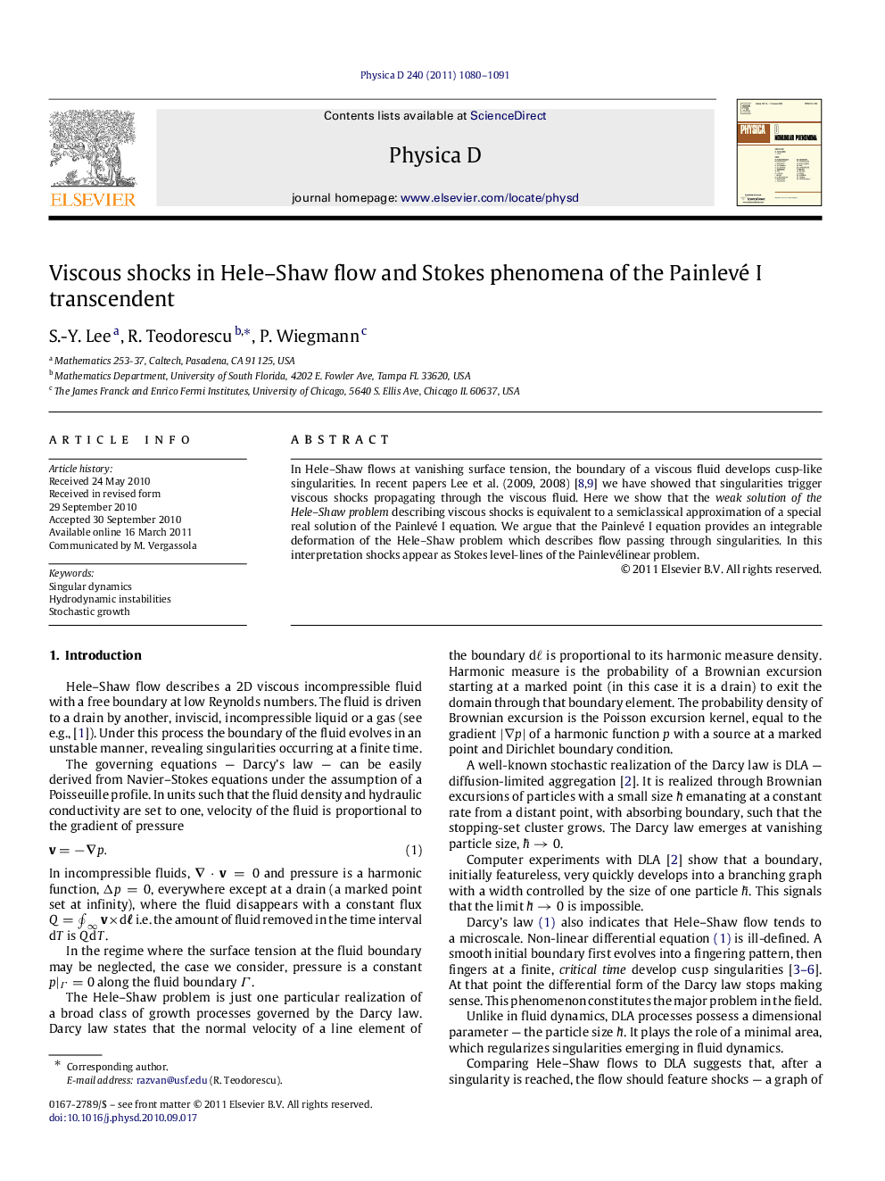 Viscous shocks in Hele-Shaw flow and Stokes phenomena of the Painlevé I transcendent