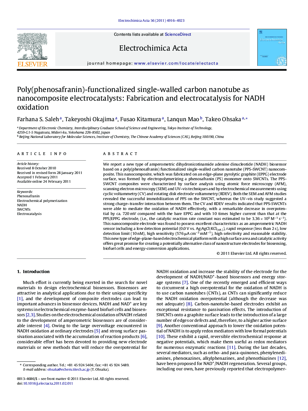 Poly(phenosafranin)-functionalized single-walled carbon nanotube as nanocomposite electrocatalysts: Fabrication and electrocatalysis for NADH oxidation