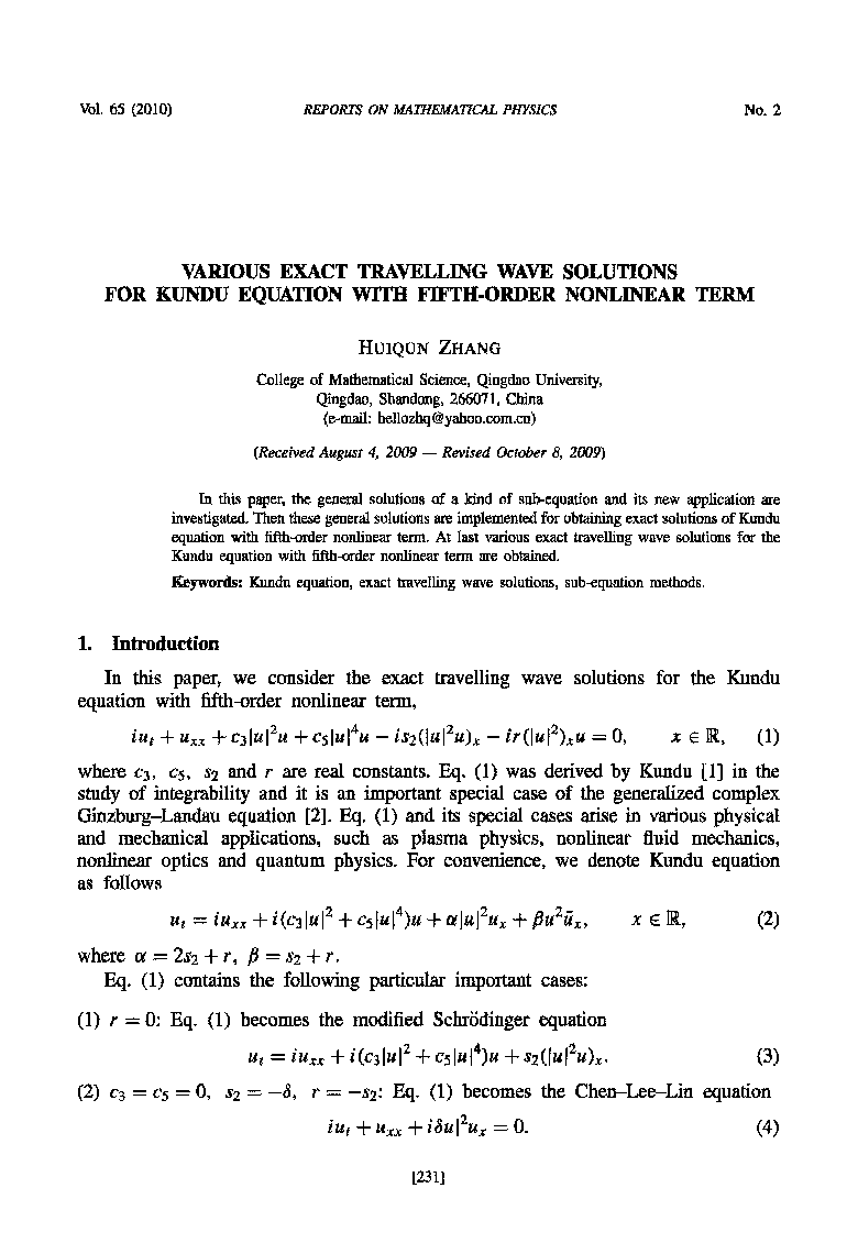 Various exact travelling wave solutions for Kundu equation with fifth-order nonlinear term