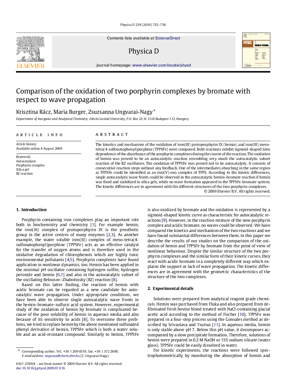 Comparison of the oxidation of two porphyrin complexes by bromate with respect to wave propagation