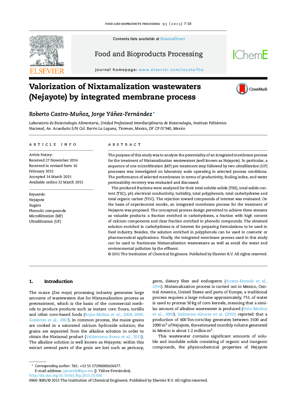 Valorization of Nixtamalization wastewaters (Nejayote) by integrated membrane process