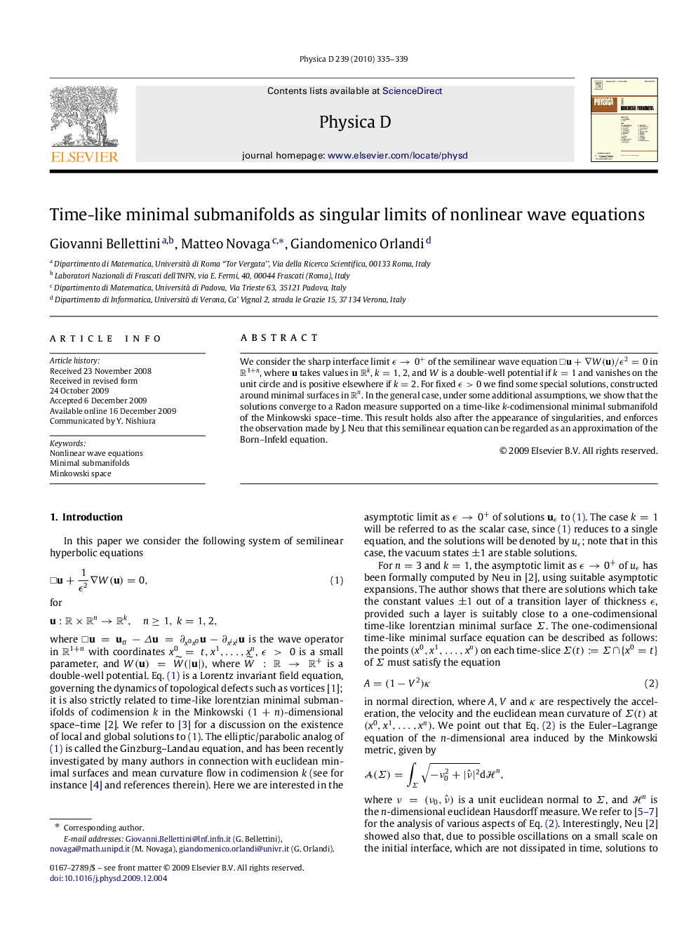 Time-like minimal submanifolds as singular limits of nonlinear wave equations