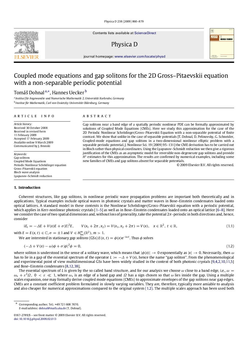 Coupled mode equations and gap solitons for the 2D Gross-Pitaevskii equation with a non-separable periodic potential