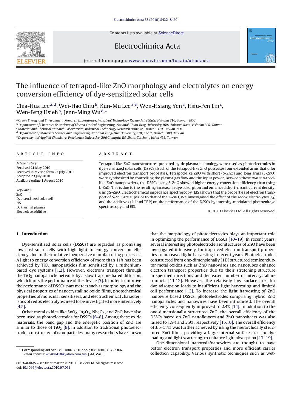 The influence of tetrapod-like ZnO morphology and electrolytes on energy conversion efficiency of dye-sensitized solar cells