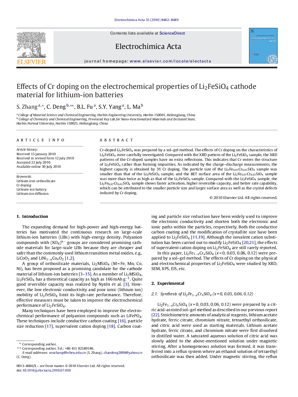 Effects of Cr doping on the electrochemical properties of Li2FeSiO4 cathode material for lithium-ion batteries