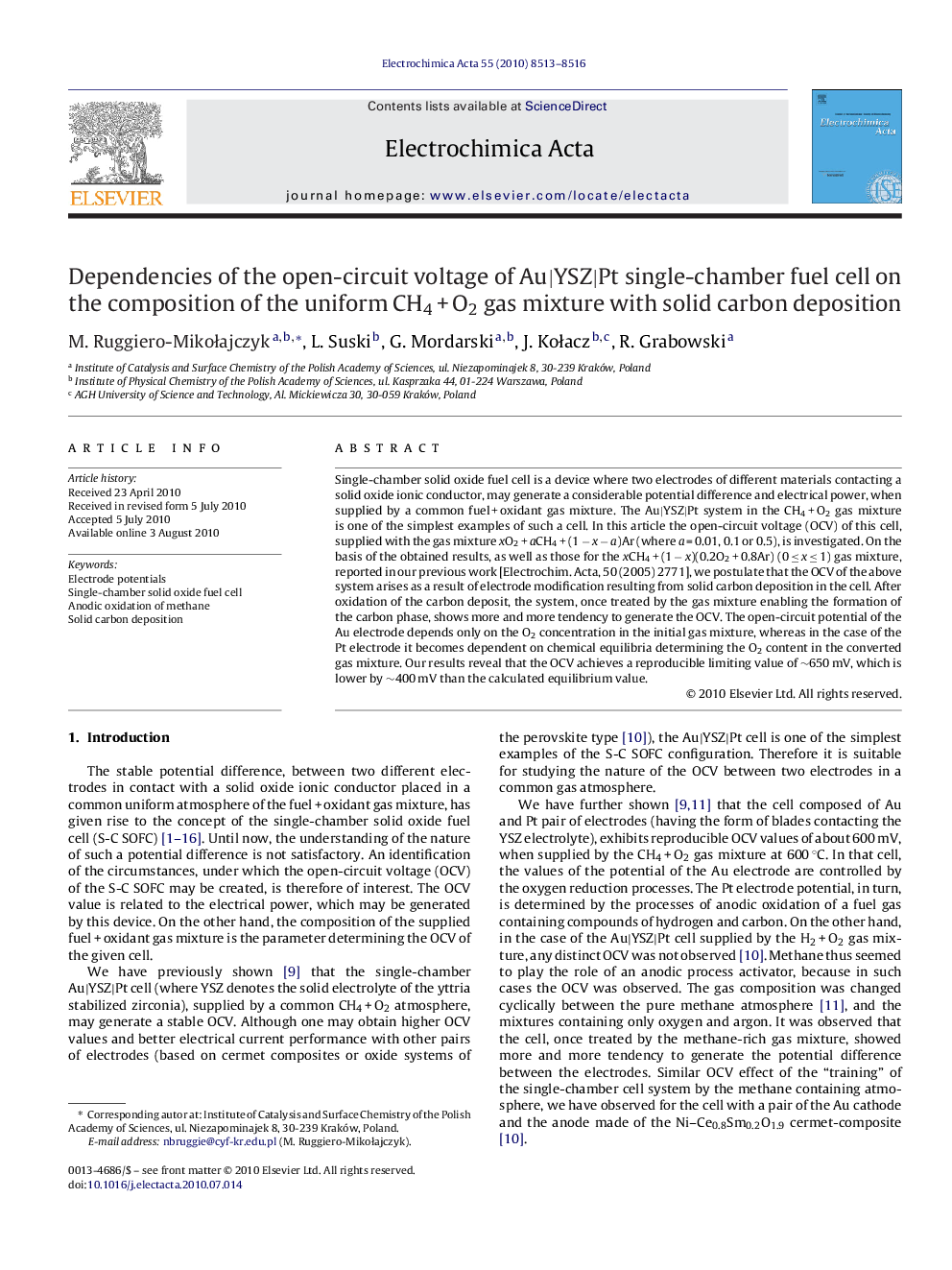 عکس صفحه اول مقاله: Dependencies of the open-circuit voltage of Au|YSZ|Pt single-chamber fuel cell on the composition of the uniform CH4 + O2 gas mixture with solid carbon deposition Dependencies of the open-circuit voltage of Au|YSZ|Pt single-chamber fuel cell on the composition of the uniform CH4 + O2 gas mixture with solid carbon deposition