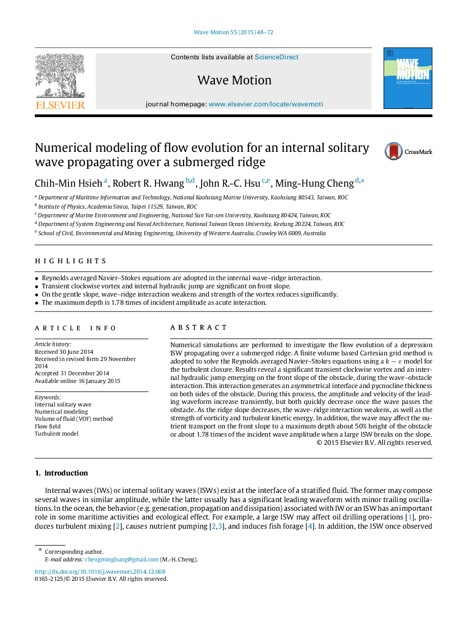 Numerical modeling of flow evolution for an internal solitary wave propagating over a submerged ridge