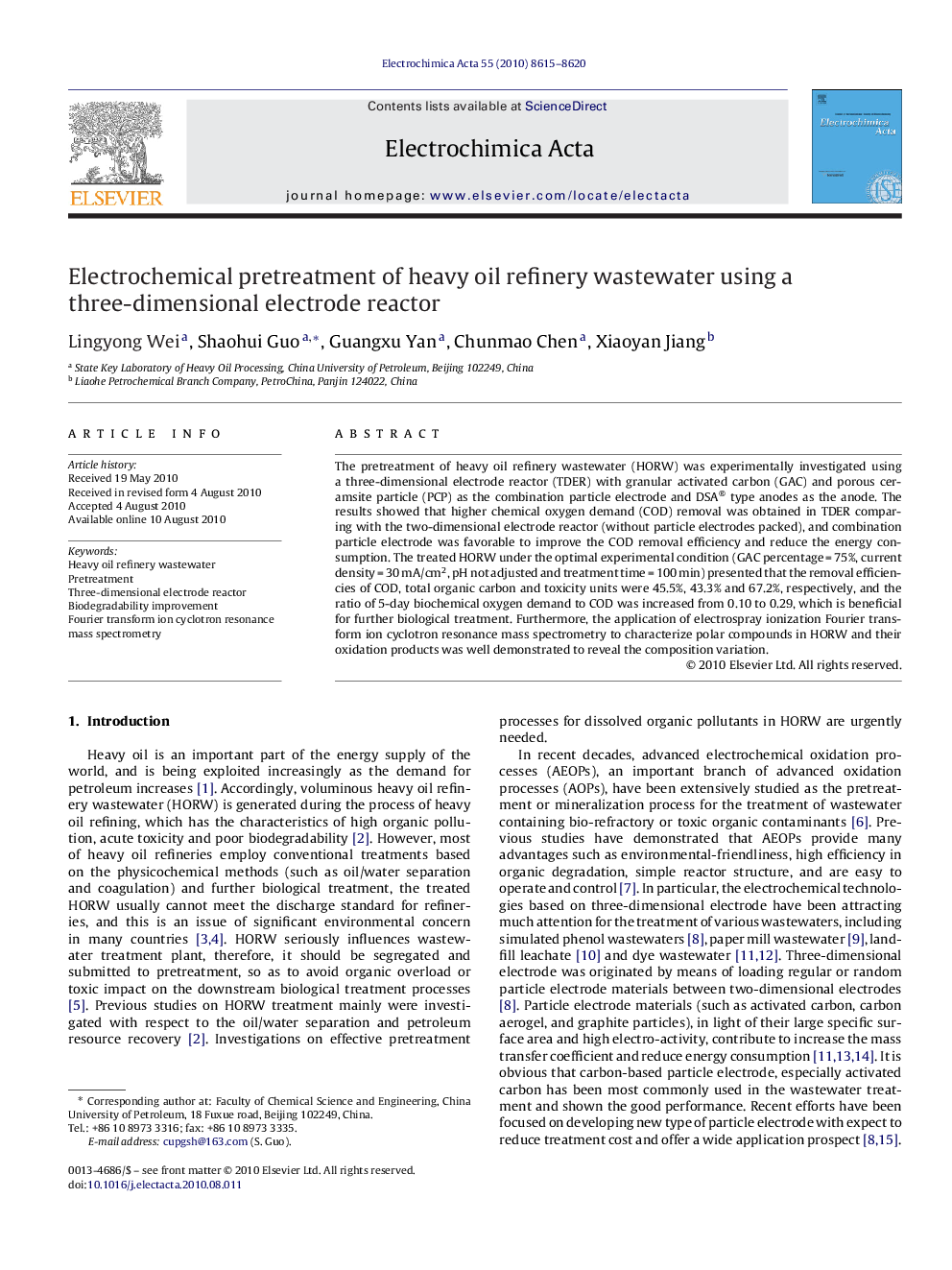 Electrochemical pretreatment of heavy oil refinery wastewater using a three-dimensional electrode reactor