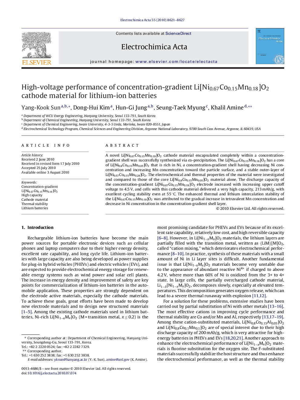 High-voltage performance of concentration-gradient Li[Ni0.67Co0.15Mn0.18]O2 cathode material for lithium-ion batteries