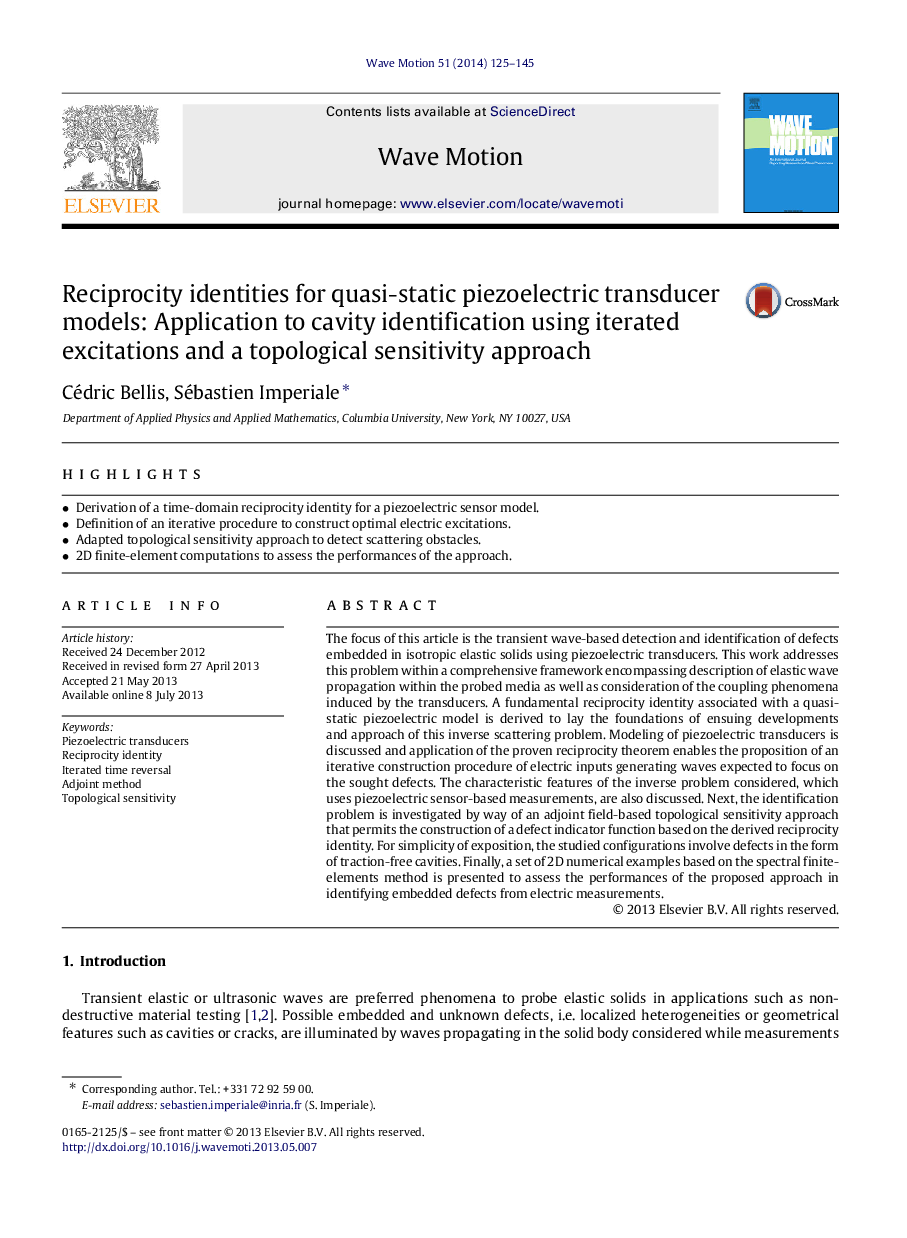 هویت متقابل برای مدل مبدل های پیزوالکتریک شبه استاتیک: استفاده از شناسایی حفره با استفاده از تحرک های تکراری و یک رویکرد حساسیت توپولوژیک 